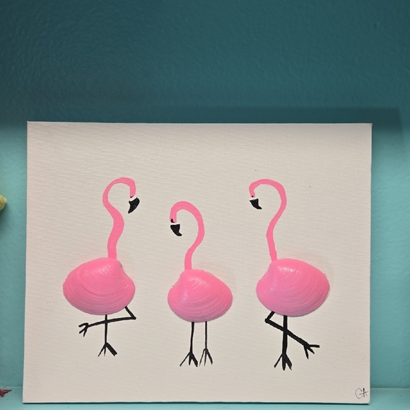 Hand Crafted Other - New! Pink Flamingo Canvas Art 8 x 10 Seashell Art